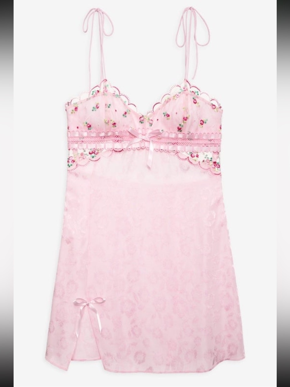 For Love & Lemons Maisie Embroidered Ribbon Bows Coquette Mini Slip Dress L